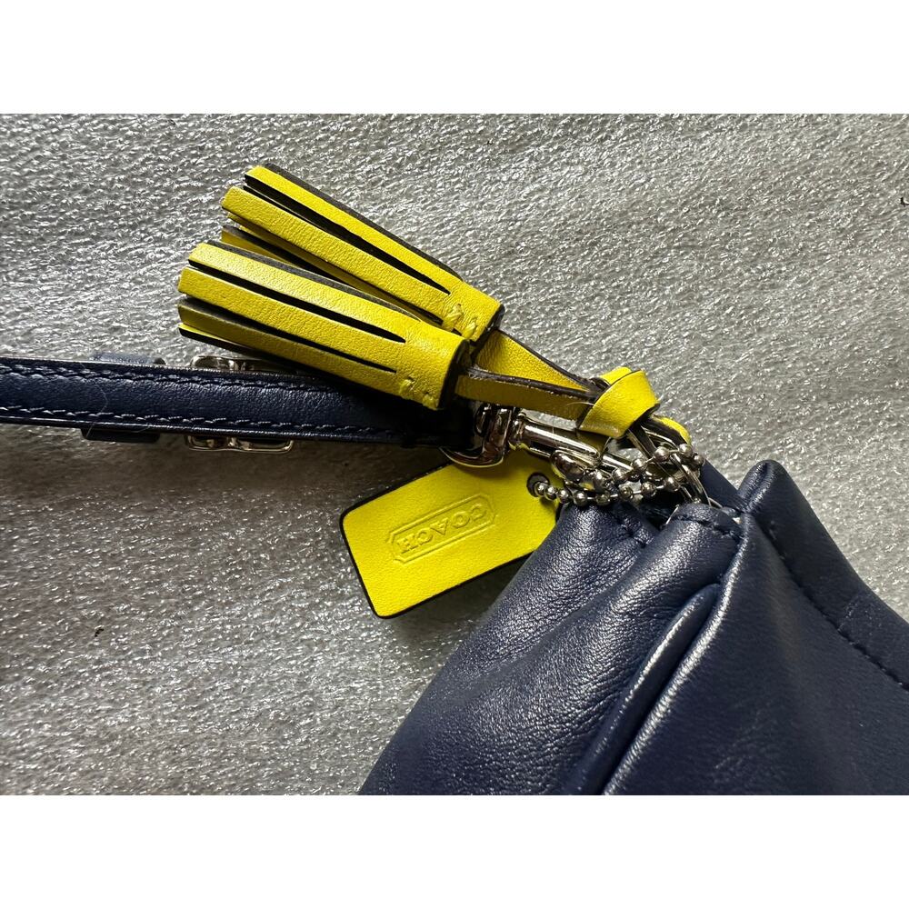 Coach Legacy Navy Bright Neon Yellow Perforated Leather Wristlet Clutch Zip - Picture 4 of 7